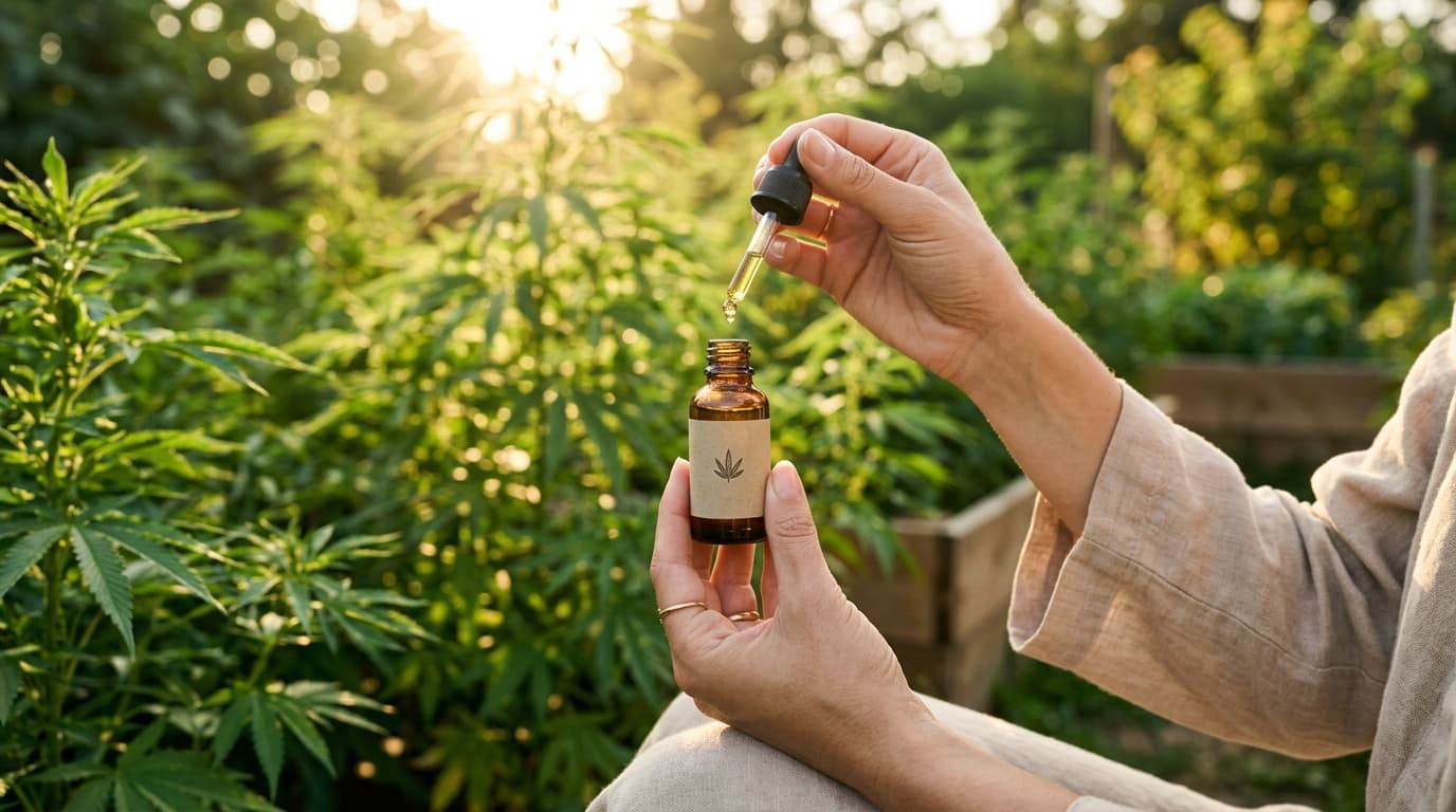 Organic botanical hemp drops at golden hour