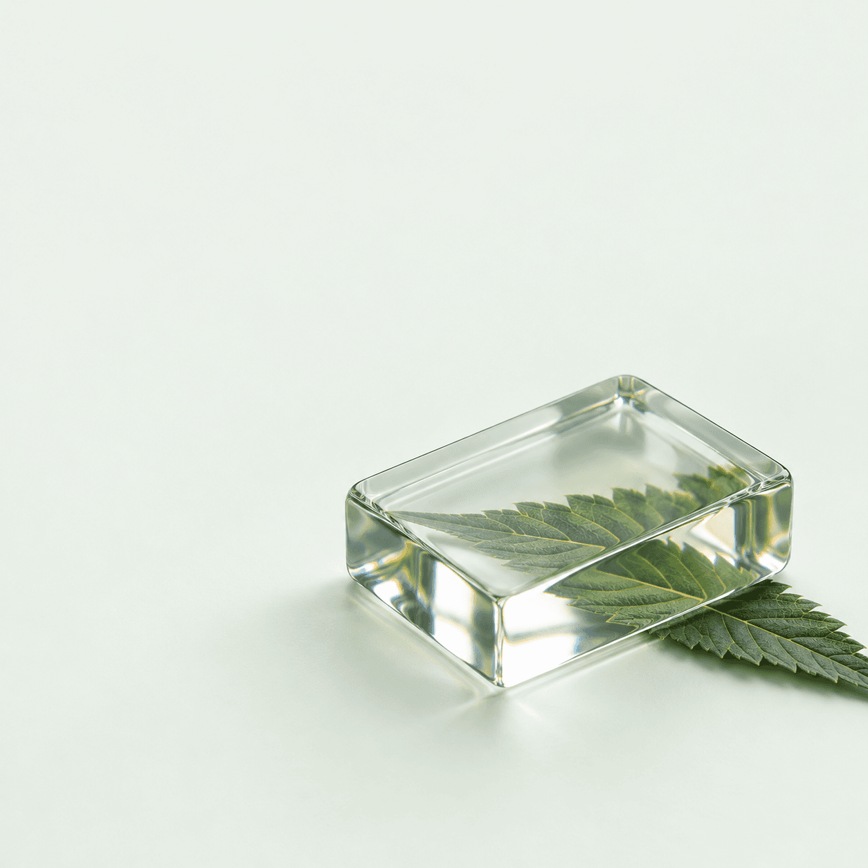 An optical glass prism revealing the delicate veins of a hemp leaflet