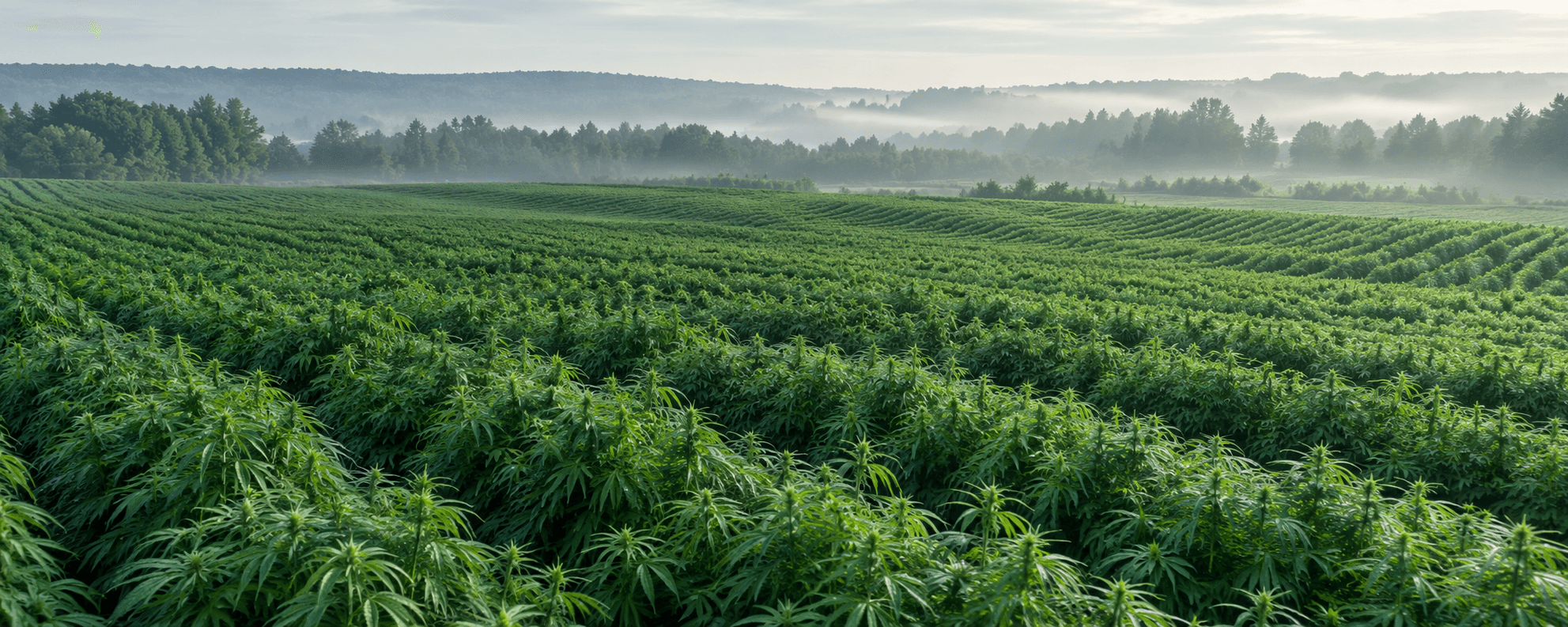 Rich green hemp foliage stretching toward a misty treeline in soft morning light