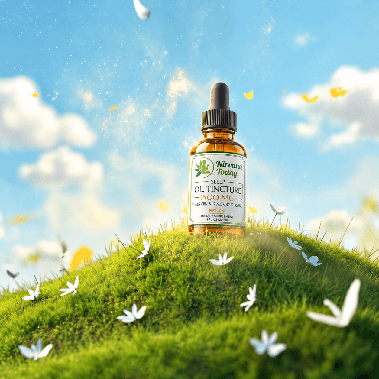 Nirvana Today sleep oil tincture on a mossy hill beneath a bright blue sky
