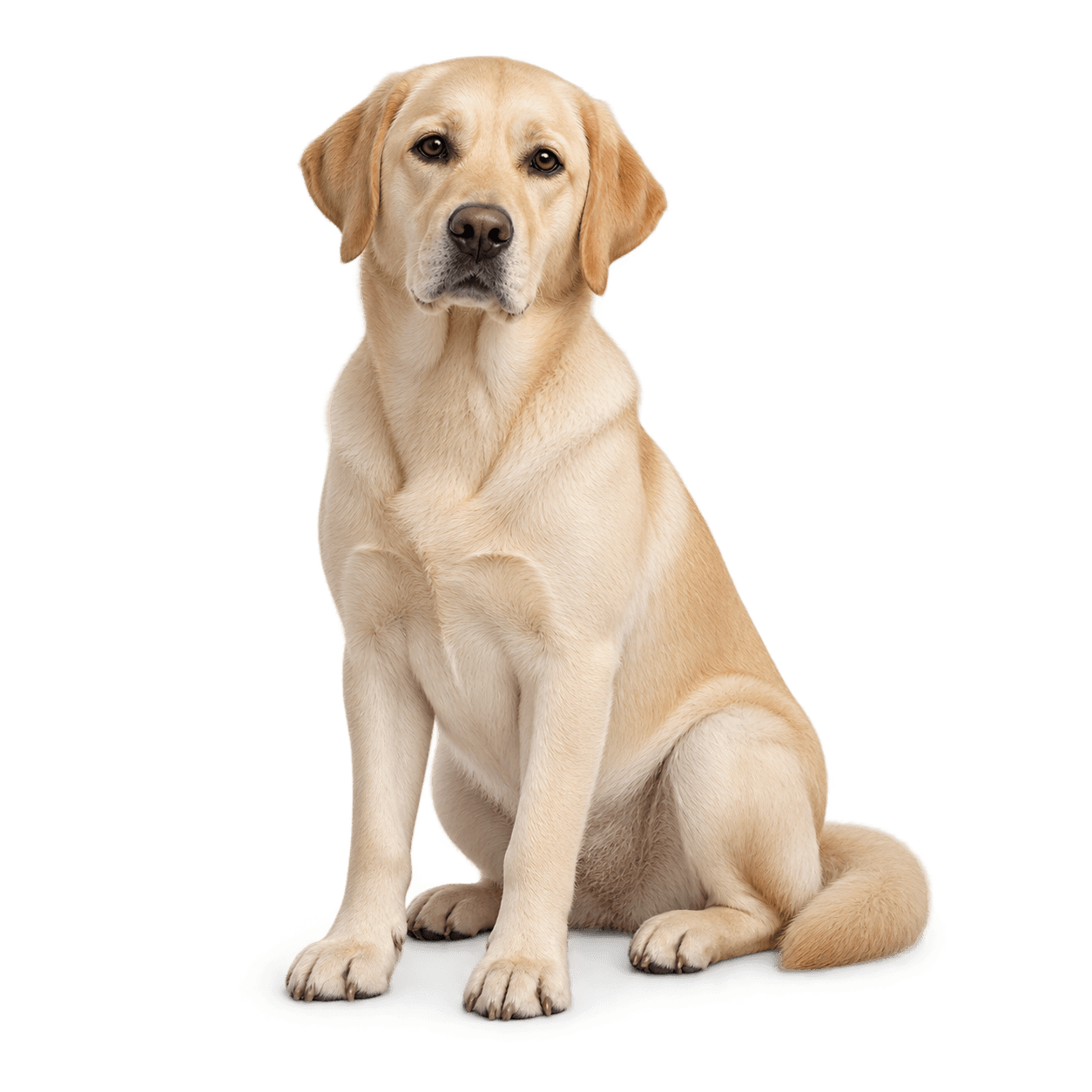 A cream Labrador sitting calmly with its paws together